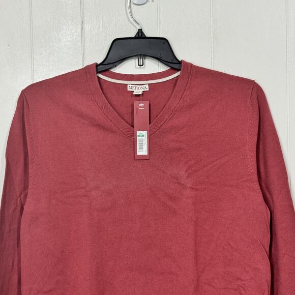 Merona Sweater Womens Medium Red V Neck Pullover 100% Cotton Lightweight New - Picture 2 of 12